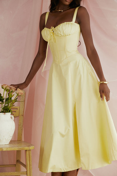 Emilia | Frisches Zitrusgelb Taillenformendes Midikleid
