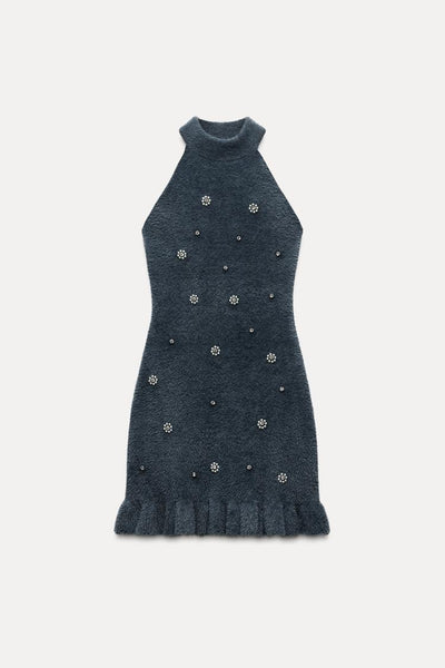 Lola | Strick-Minikleid mit Perlen und Gerüschtem Saum