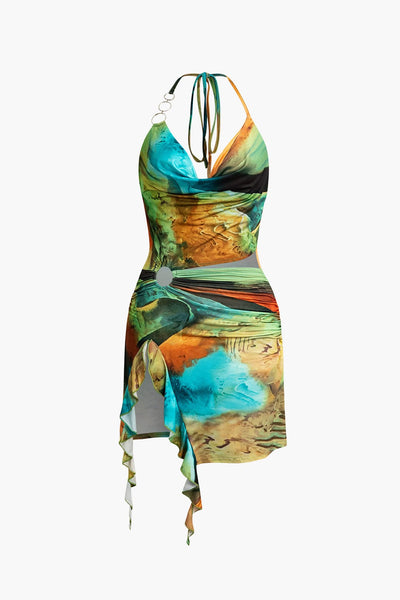 Mira | Asymmetrischer Seitenschlitz Neckholder-Minikleid mit Kunstdruck