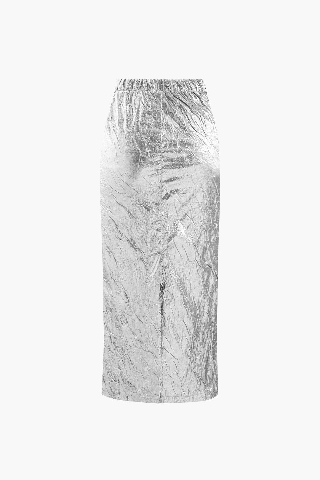 Elfriede | Glänzender Metallic-Midirock mit Crinkle-Effekt und elastischem Bund