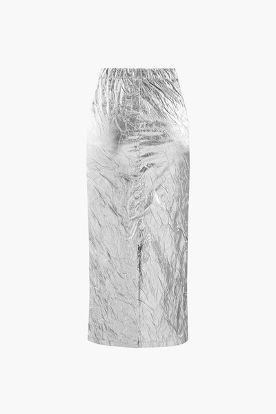 Elfriede | Glänzender Metallic-Midirock mit Crinkle-Effekt und elastischem Bund