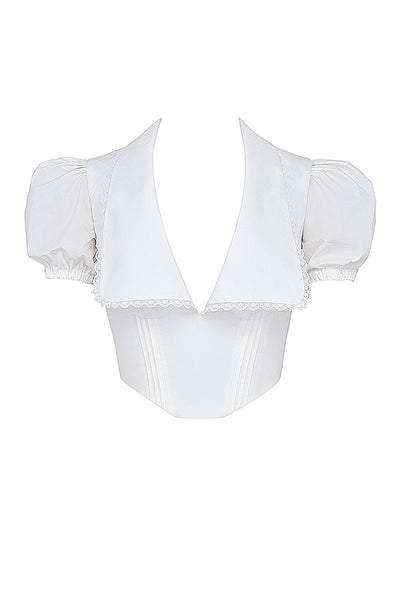 Gertrud | Elegantes Weißes Korsett-Top mit Puffärmeln und Wellensaum-Kragen