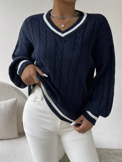 Freja | Gestreiftes Kabelstrickpullover Mit V Neck Zendoo.de