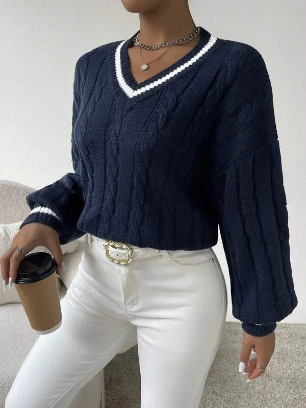 Freja | Gestreiftes Kabelstrickpullover Mit V Neck Zendoo.de