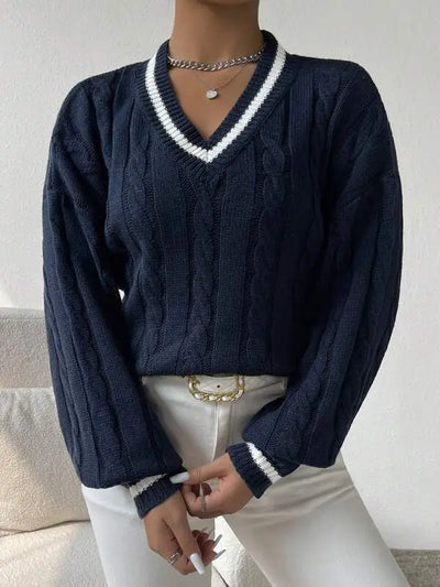 Freja | Gestreiftes Kabelstrickpullover Mit V Neck Zendoo.de