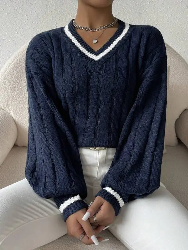 Freja | Gestreiftes Kabelstrickpullover Mit V Neck Zendoo.de