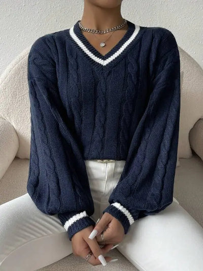 Freja | Gestreiftes Kabelstrickpullover Mit V Neck Zendoo.de