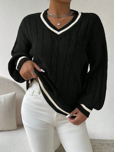 Freja | Gestreiftes Kabelstrickpullover Mit V Neck Zendoo.de