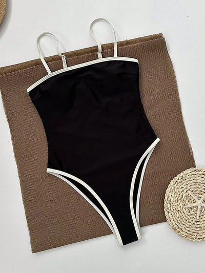 Eleganter Damen Badeanzug Schwarz – Einteiler mit hohem Beinausschnitt & stilvollen Kontrastdetails