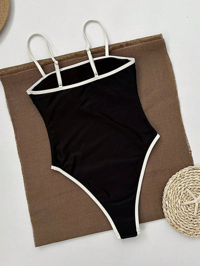 Eleganter Damen Badeanzug Schwarz – Einteiler mit hohem Beinausschnitt & stilvollen Kontrastdetails