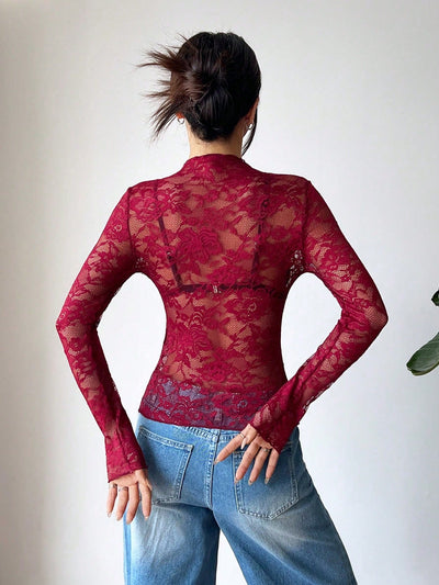 Cropped Spitzenbluse mit langen Ärmeln – Sexy, Transparent & Feminin