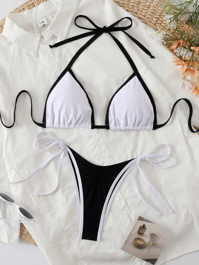 Sexy Triangel-Bikini in Marineblau mit Kontrast-Saum – Minimalistisches 2-teiliges Set zum Schnüren