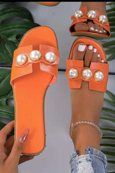 Ellie | Leichtgewicht Leder Designer Slides mit Riesig Perlenverzierung