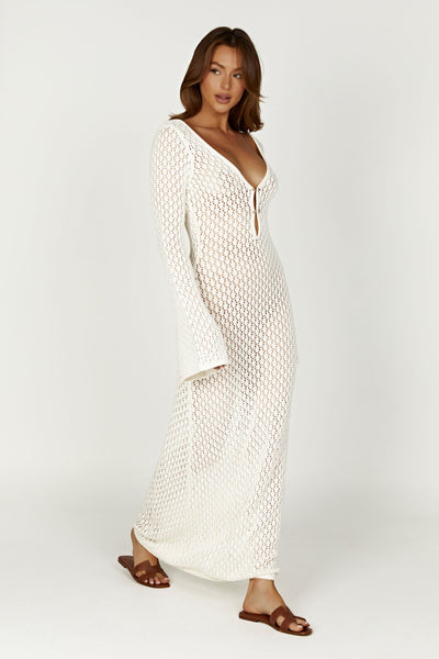 Maxikleid im Häkel-Look mit tiefem Ausschnitt und langen Ärmeln