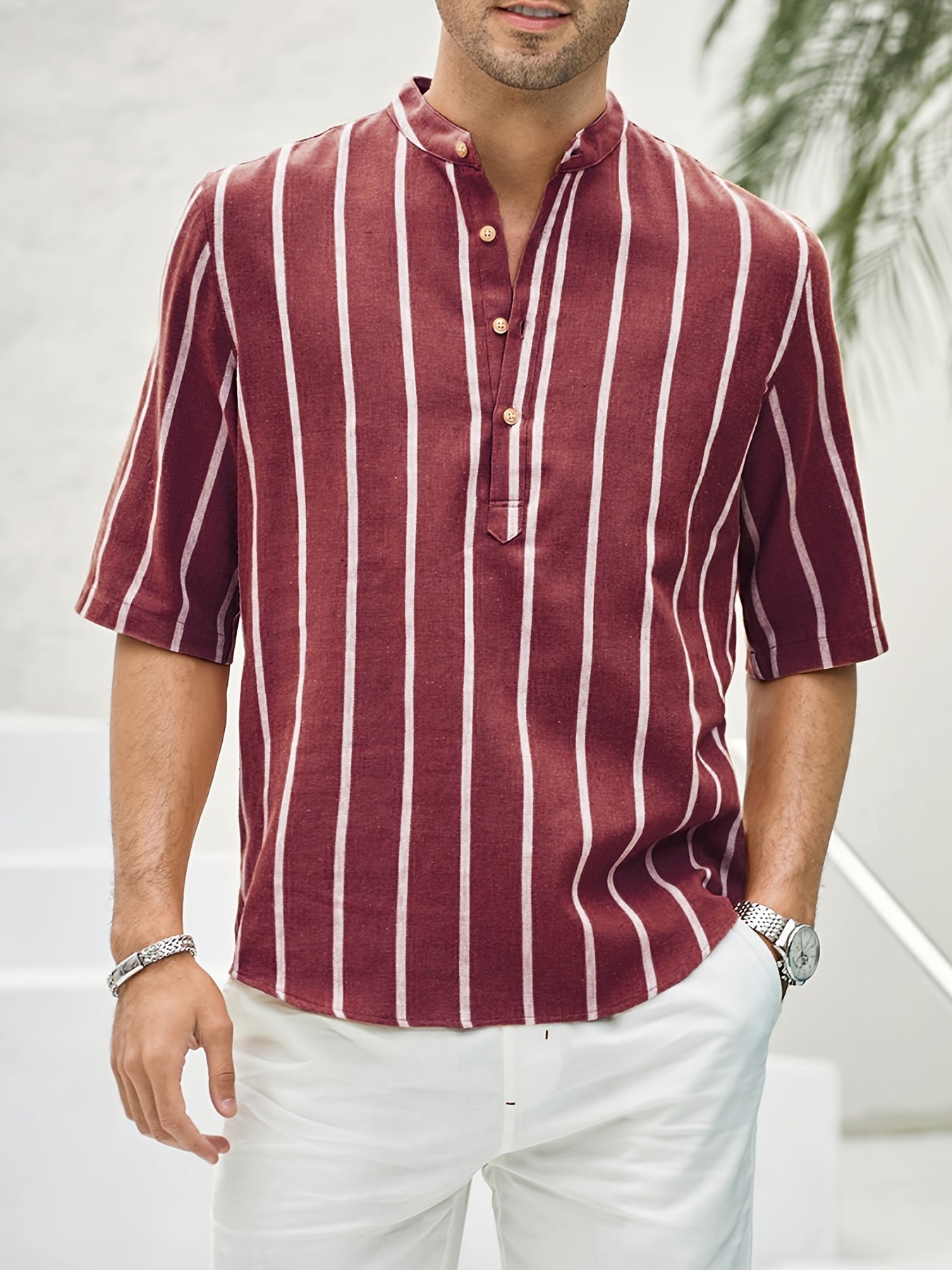 Samuel | Kurzarm-Henley-Sommerhemd mit Streifenmuster