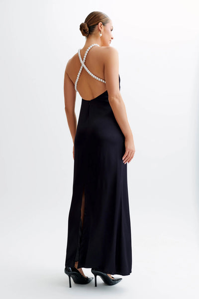 Celine | Blanche Satin Perlenhalter Maxikleid Zendoo.de