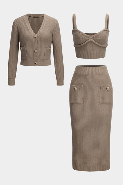 Christin | Stilvolles Strick-Dreiteiler-Set mit Cardigan, Crop-Top & Bleistiftrock