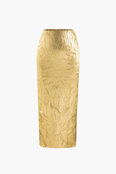 Elfriede | Glänzender Metallic-Midirock mit Crinkle-Effekt und elastischem Bund