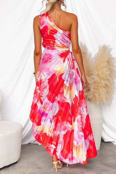 Plissiertes One-Shoulder-Kleid mit floralem Muster – Elegant & Feminin