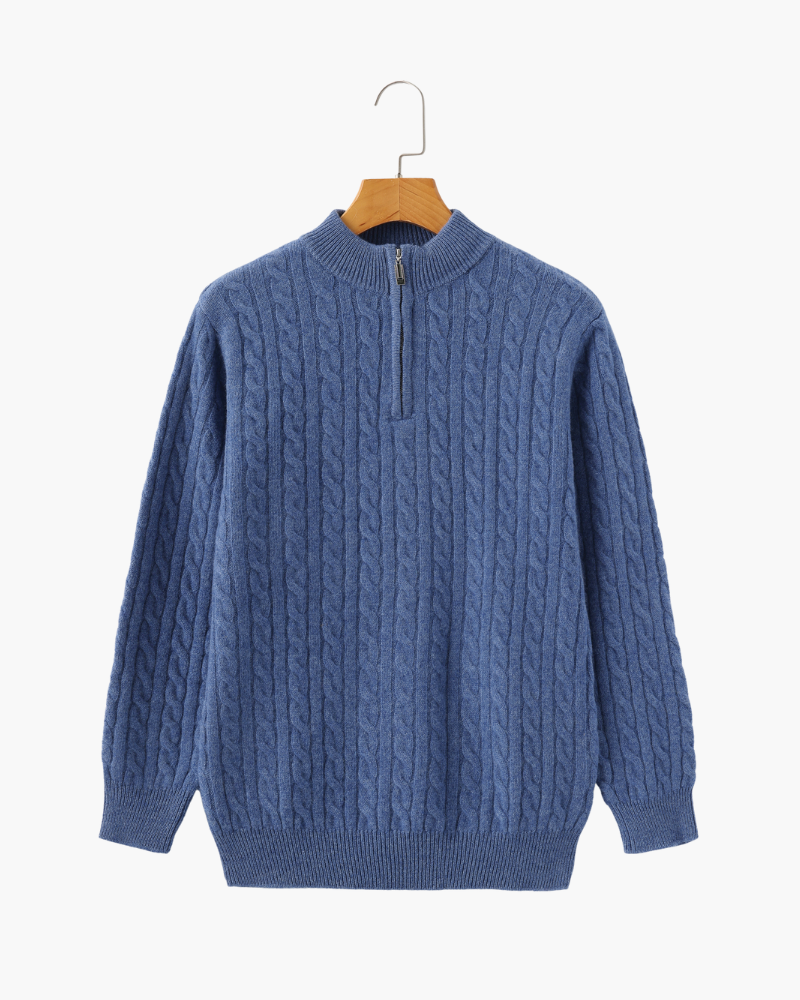Roman | Chunky knit Herren Chasmere Pullover mit Kabelstrickmuster & Halb Reißverschluss Kragen