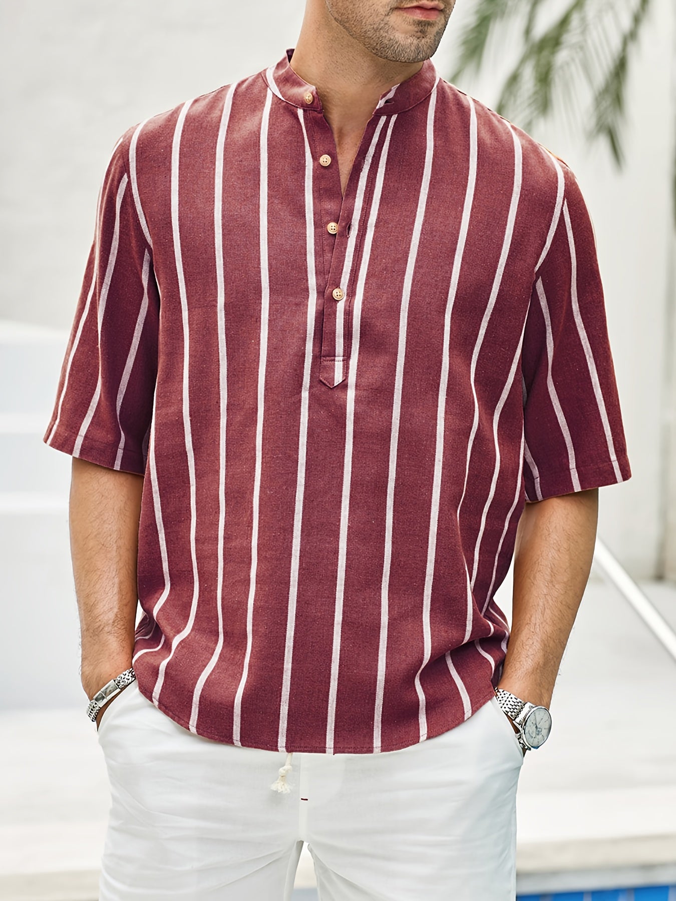 Samuel | Kurzarm-Henley-Sommerhemd mit Streifenmuster