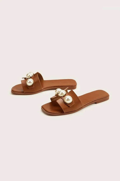 Ellie | Leichtgewicht Leder Designer Slides mit Riesig Perlenverzierung