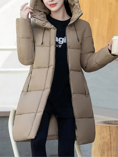 Astrid | Stylische khakifarbene Pufferjacke mit Kapuze und Reißverschluss