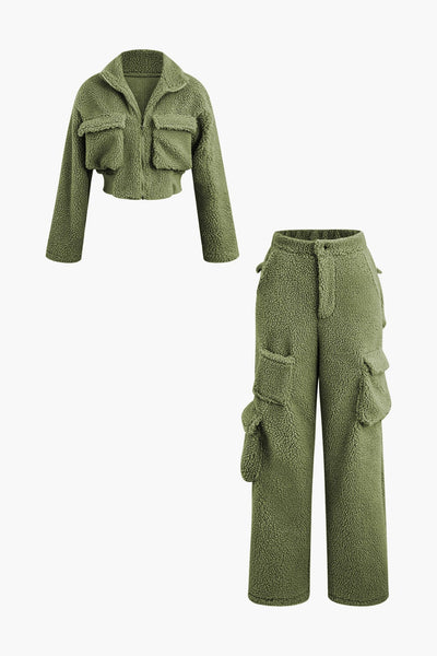 Misha | Teddy-Zweiteiler mit Cargohose & Cropped-Jacke