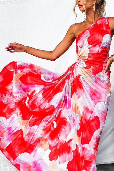 Plissiertes One-Shoulder-Kleid mit floralem Muster – Elegant & Feminin