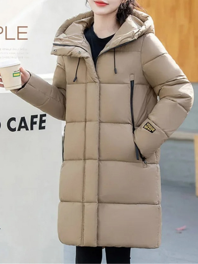 Astrid | Stylische khakifarbene Pufferjacke mit Kapuze und Reißverschluss