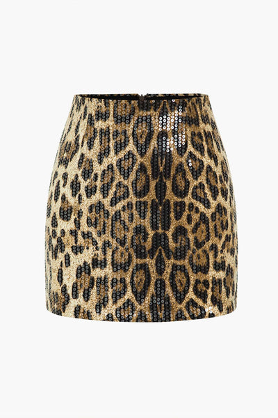 Lunaria | Glamouröser Pailletten Minirock und auffälligem Leopard-Print