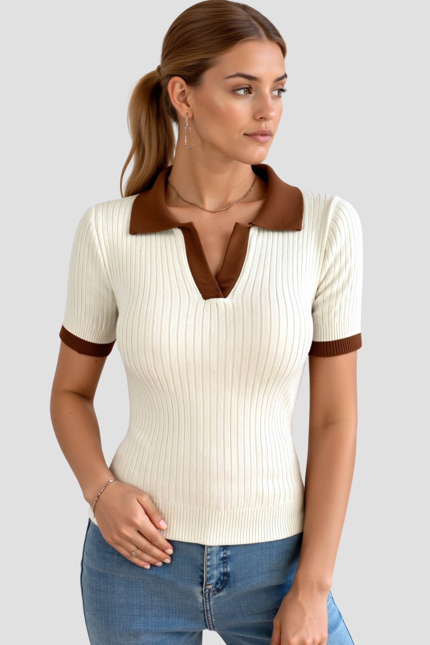 Lässiges Polo Farbe Block gekerbte Kragen gestrickt Top