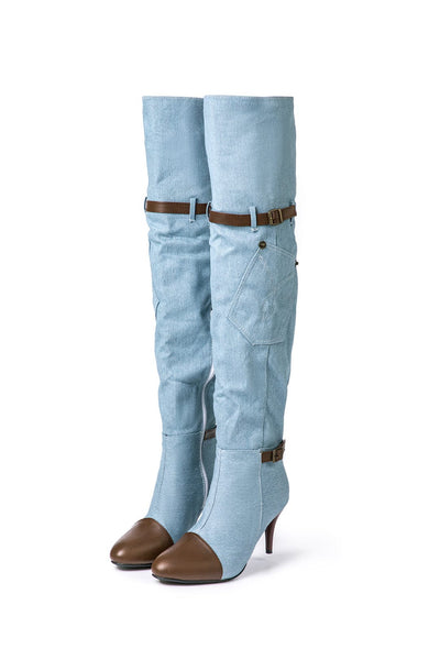 Chloe | Denim kniehohe Stiefel mit Absatz & Einstellbar Braun Gürtel