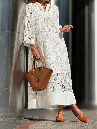 Elegantes Spitzenkleid mit 3/4-Ärmeln & Stehkragen – Luftig & Stilvoll