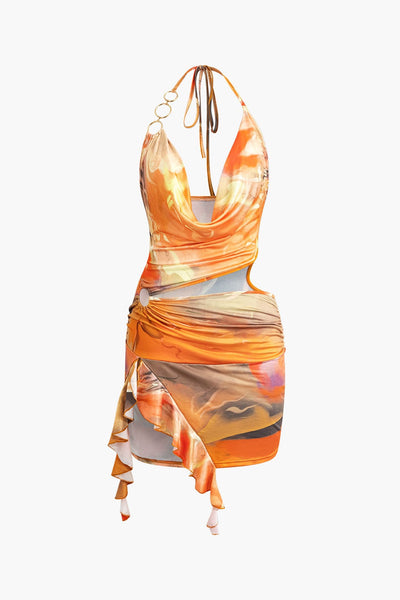 Mira | Asymmetrischer Seitenschlitz Neckholder-Minikleid mit Kunstdruck