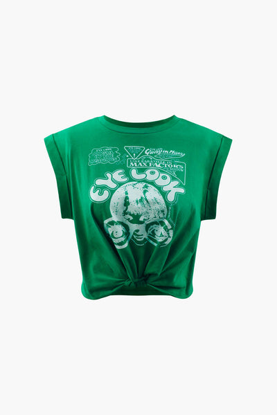 Gracelyn | Hochgekrempelte Ärmel EYE LOOK Grafikdruck Crop-T-Shirt mit Knotendetail