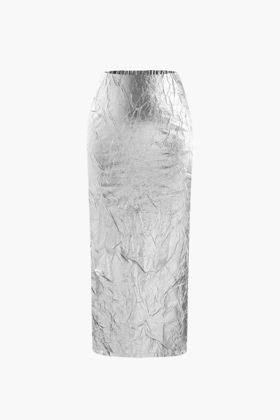 Elfriede | Glänzender Metallic-Midirock mit Crinkle-Effekt und elastischem Bund