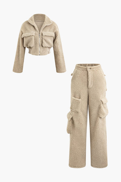 Misha | Teddy-Zweiteiler mit Cargohose & Cropped-Jacke