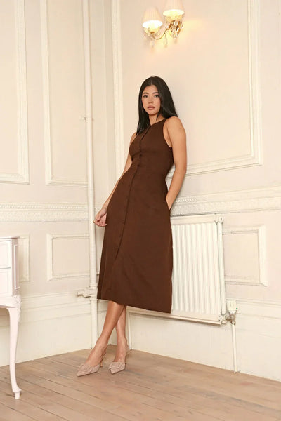 Crystal | Ärmelloses Zuknöpfen Braun Leinen Midikleid mit figurbetonter Passform