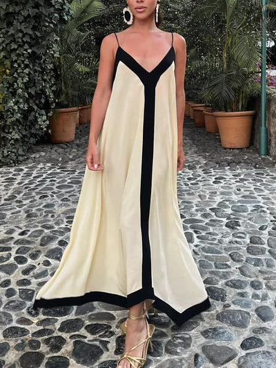 Adeltraud | Fließendes V-neck Maxi-Kleid mit kontrastreichen Details