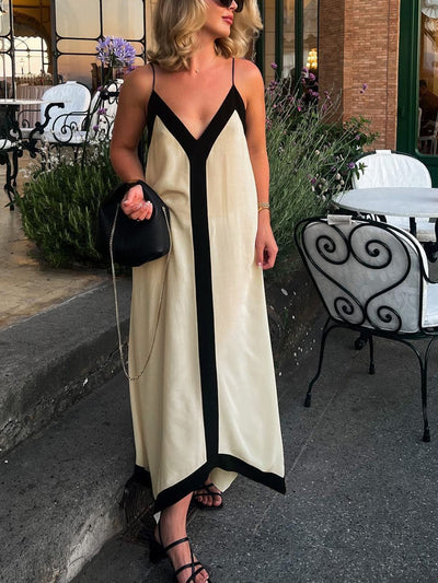Adeltraud | Fließendes V-neck Maxi-Kleid mit kontrastreichen Details