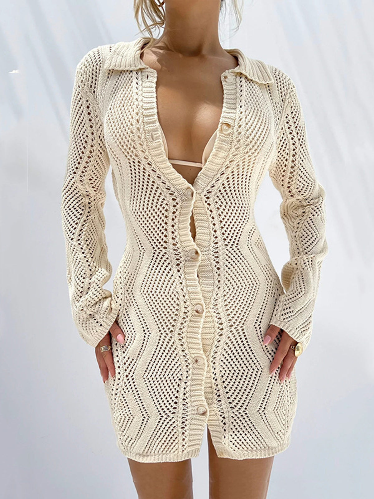 Elina | Häkel-Strandkleid mit Knopfleiste in Crème