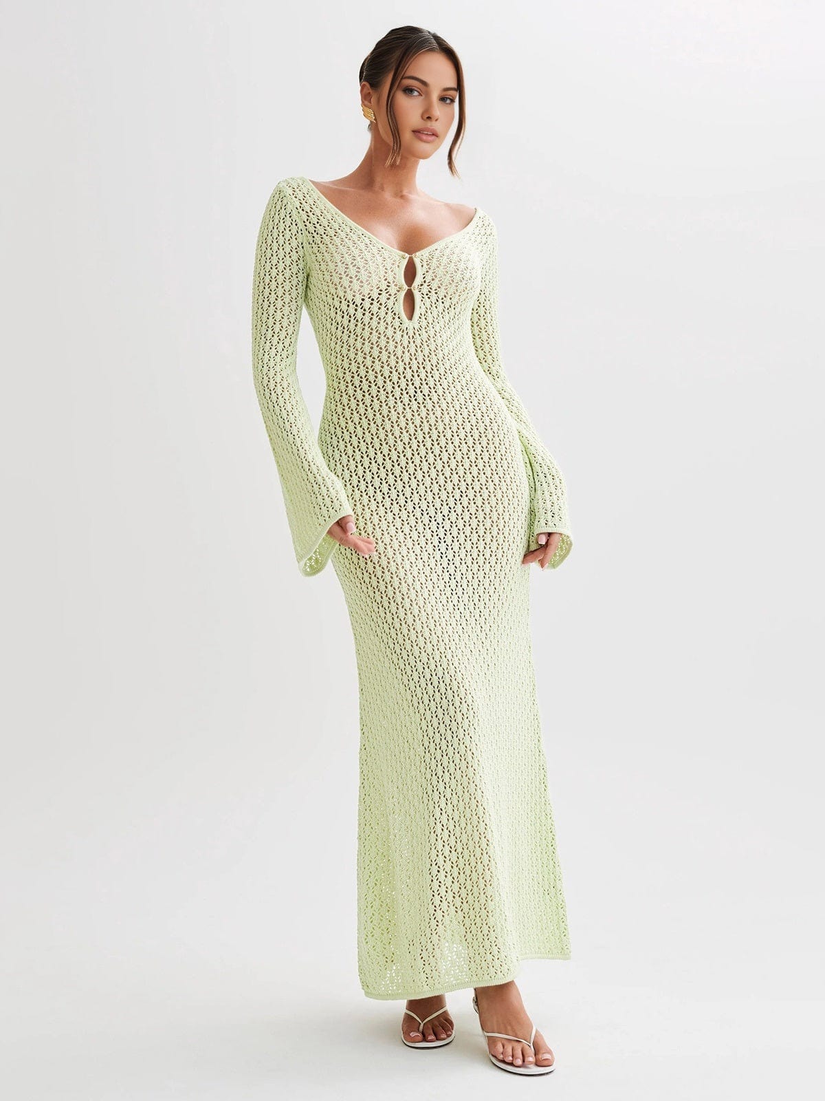 Greta | V-Ausschnitt Gehäkeltes Maxikleid mit Glockenärmeln  – Boho-Chic für den Sommer