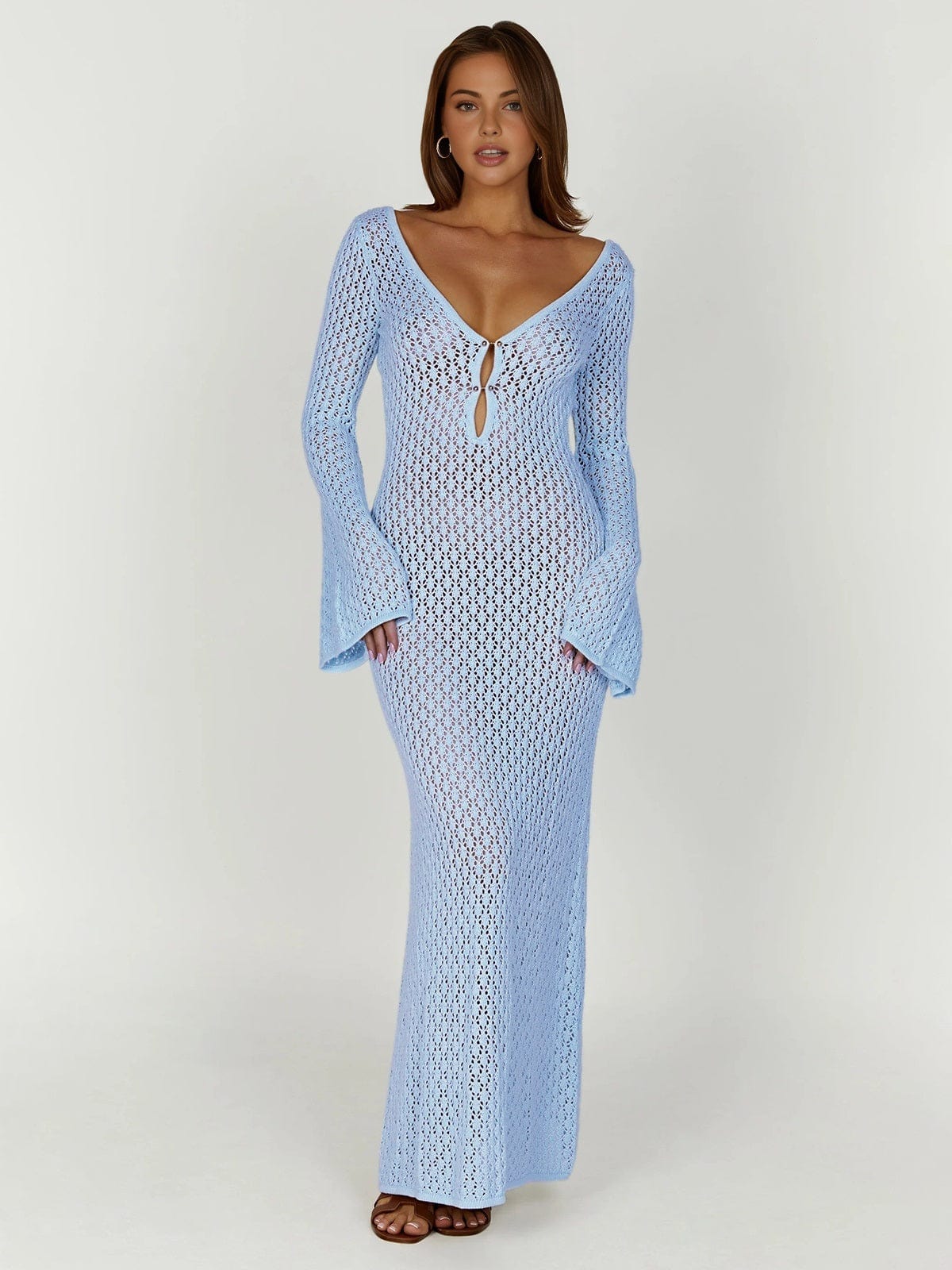 Greta | V-Ausschnitt Gehäkeltes Maxikleid mit Glockenärmeln  – Boho-Chic für den Sommer