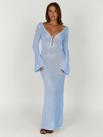 Greta | V-Ausschnitt Gehäkeltes Maxikleid mit Glockenärmeln  – Boho-Chic für den Sommer