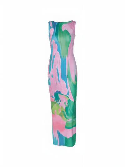 Isla | Ärmelloses Maxi-Kleid mit Wasserfarben-Print – Kunstvolle Eleganz