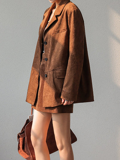 Romy | Trendiges oversized Blazer und Rock Set aus braunem Wildleder