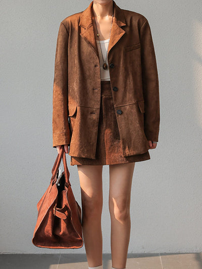 Romy | Trendiges oversized Blazer und Rock Set aus braunem Wildleder