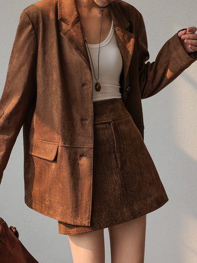 Romy | Trendiges oversized Blazer und Rock Set aus braunem Wildleder