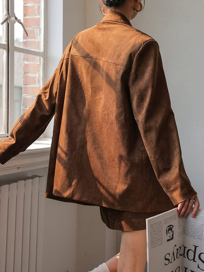 Romy | Trendiges oversized Blazer und Rock Set aus braunem Wildleder